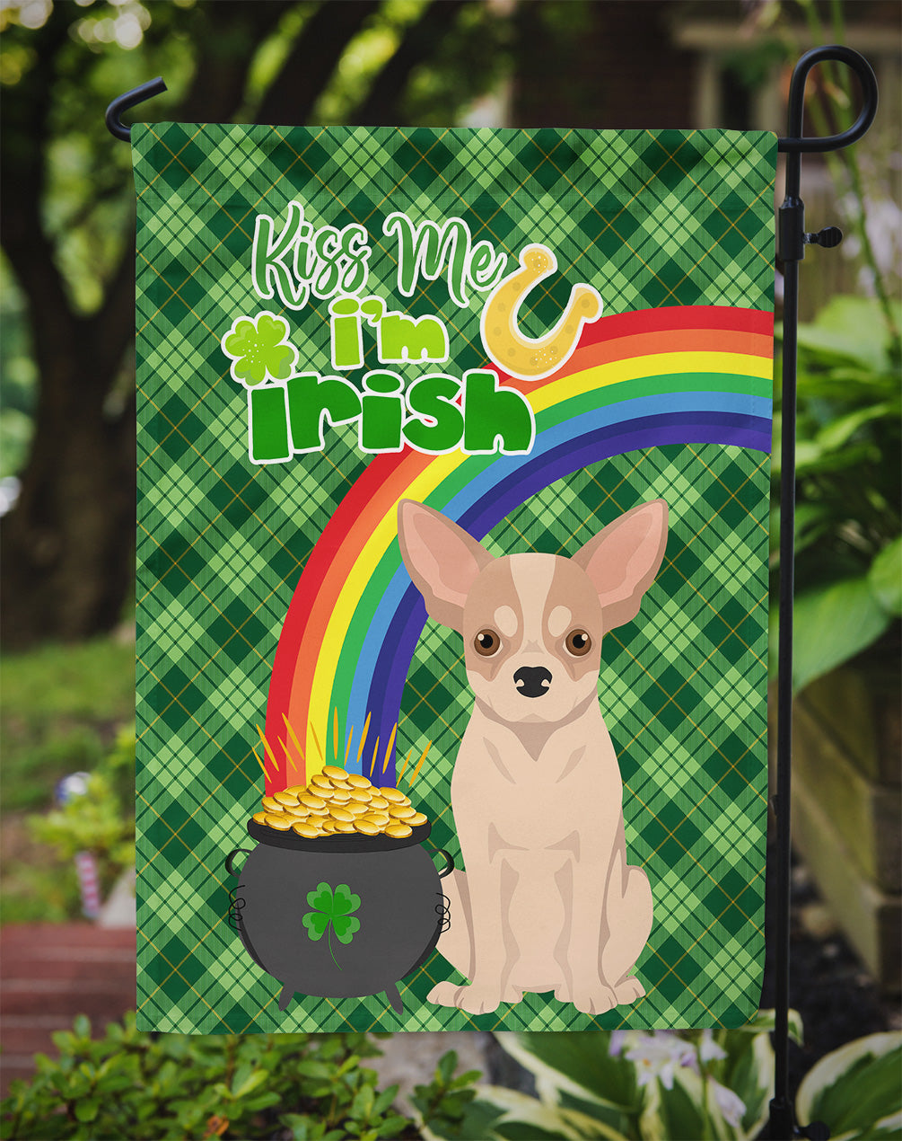 Fawn and White Chihuahua St. Patrick's Day Flag Garden Size  the-store.com.