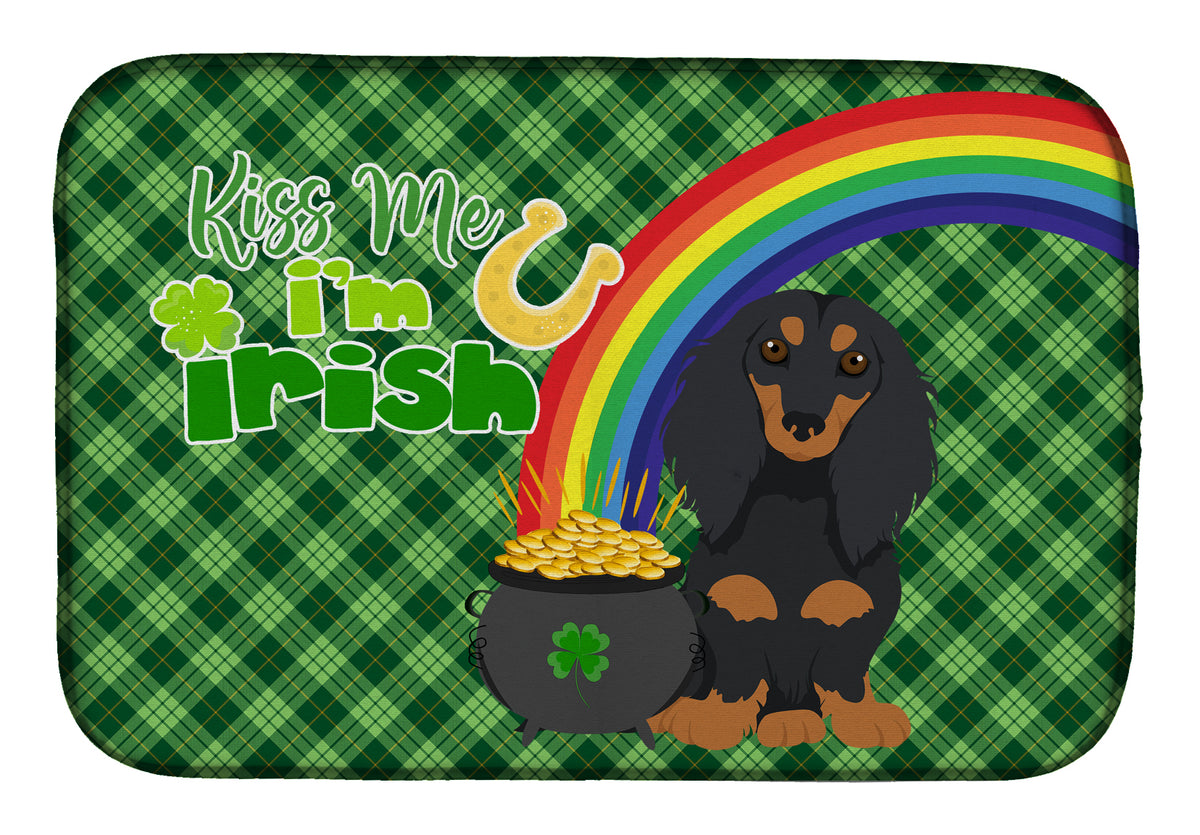 Longhair Black and Tan Dachshund St. Patrick&#39;s Day Dish Drying Mat  the-store.com.