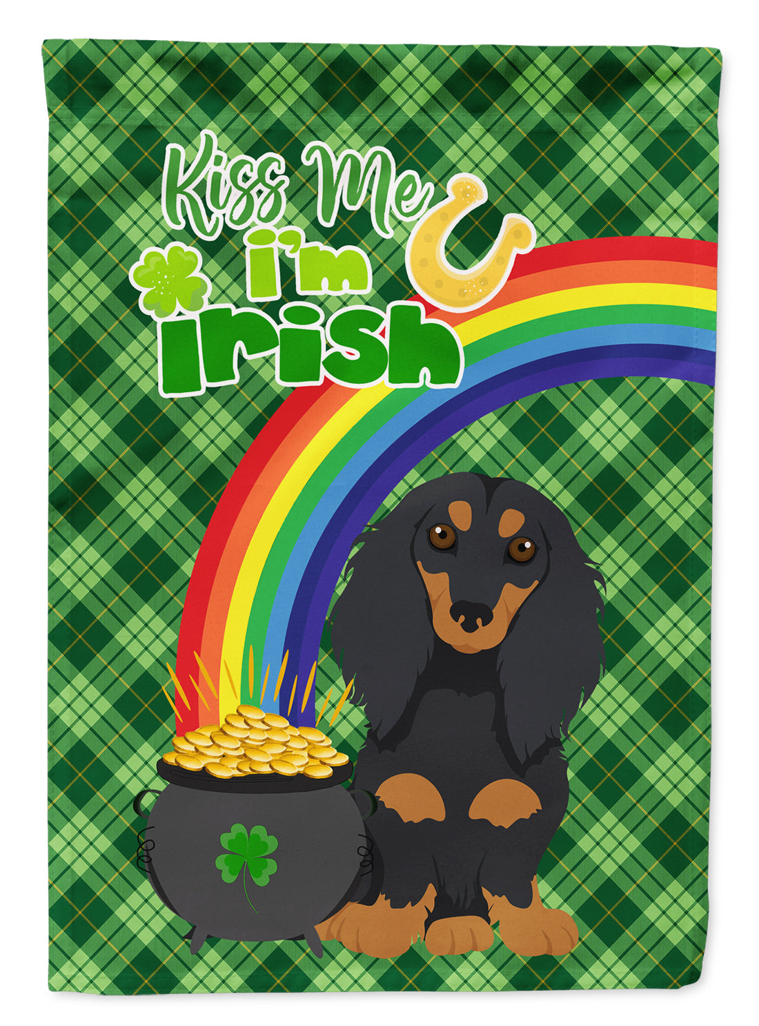 Longhair Black and Tan Dachshund St. Patrick&#39;s Day Flag Garden Size  the-store.com.