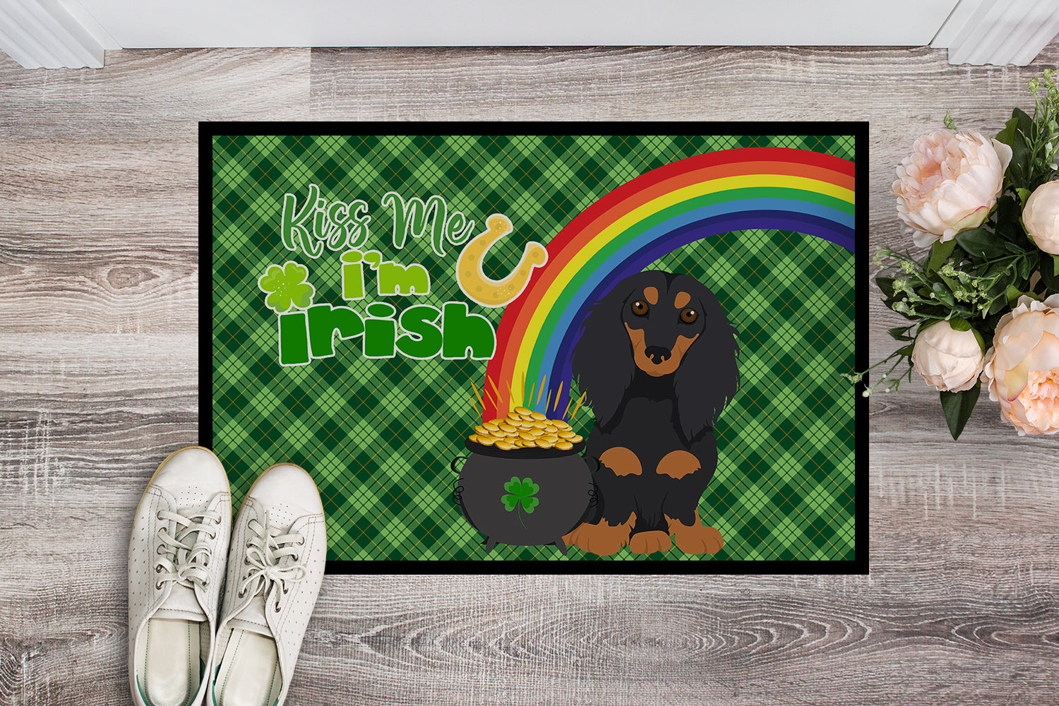 Buy this Longhair Black and Tan Dachshund St. Patrick's Day Indoor or Outdoor Mat 24x36