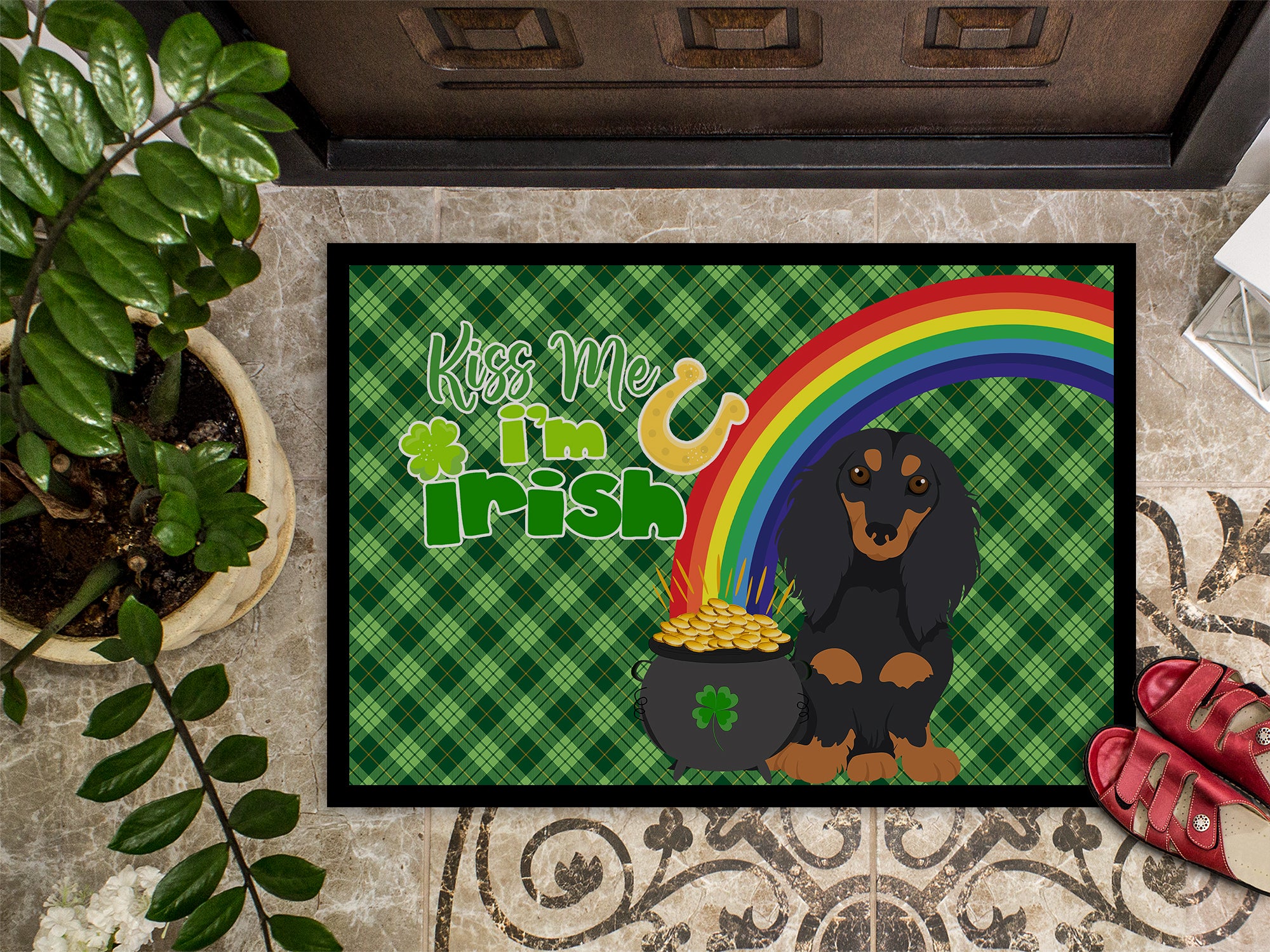 Longhair Black and Tan Dachshund St. Patrick's Day Indoor or Outdoor Mat 24x36 - the-store.com