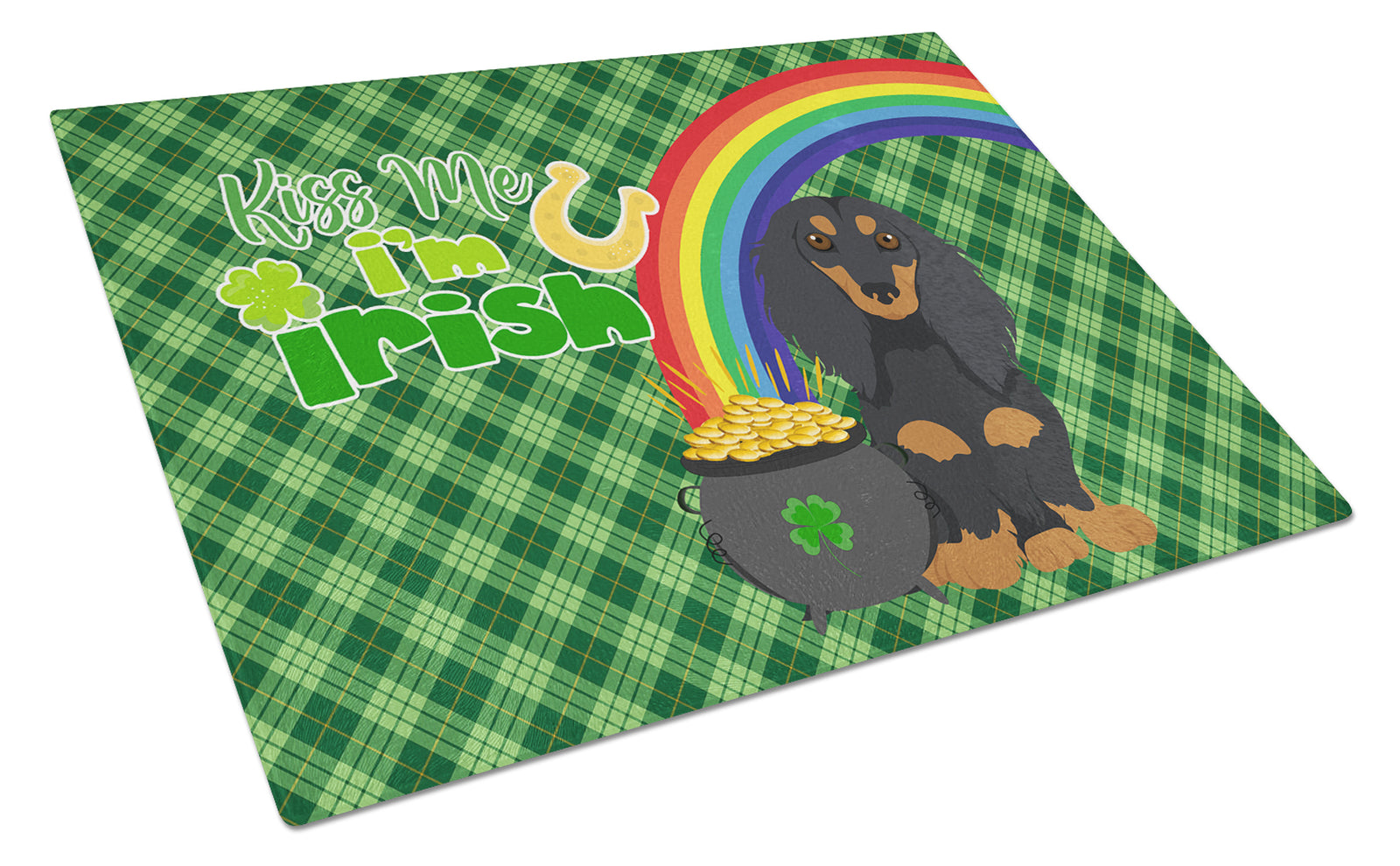 Buy this Longhair Black and Tan Dachshund St. Patrick's Day Glass Cutting Board Large