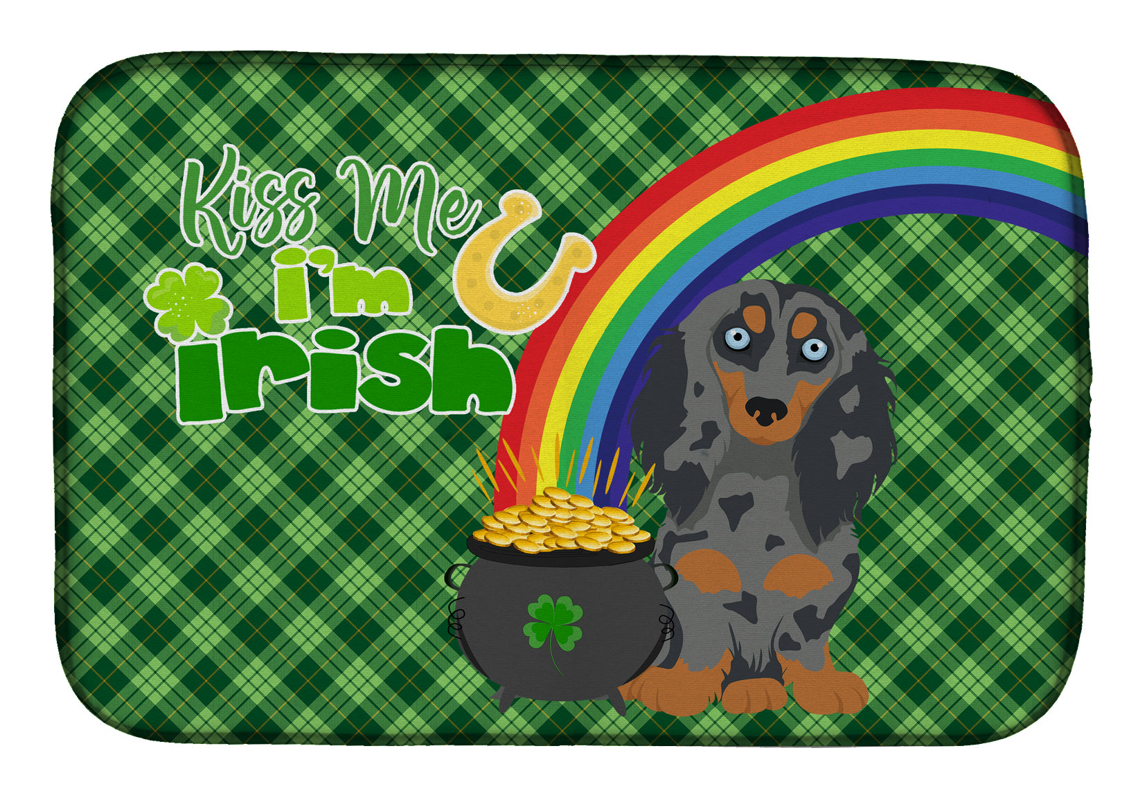 Longhair Blue and Tan Dapple Dachshund St. Patrick's Day Dish Drying Mat  the-store.com.