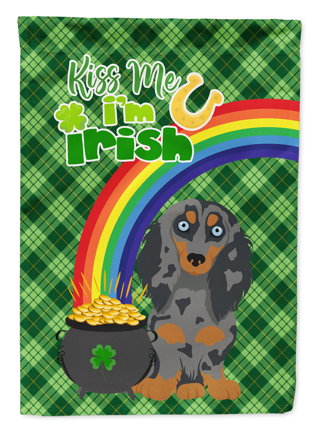 Longhair Blue and Tan Dapple Dachshund St. Patrick&#39;s Day Flag Garden Size  the-store.com.