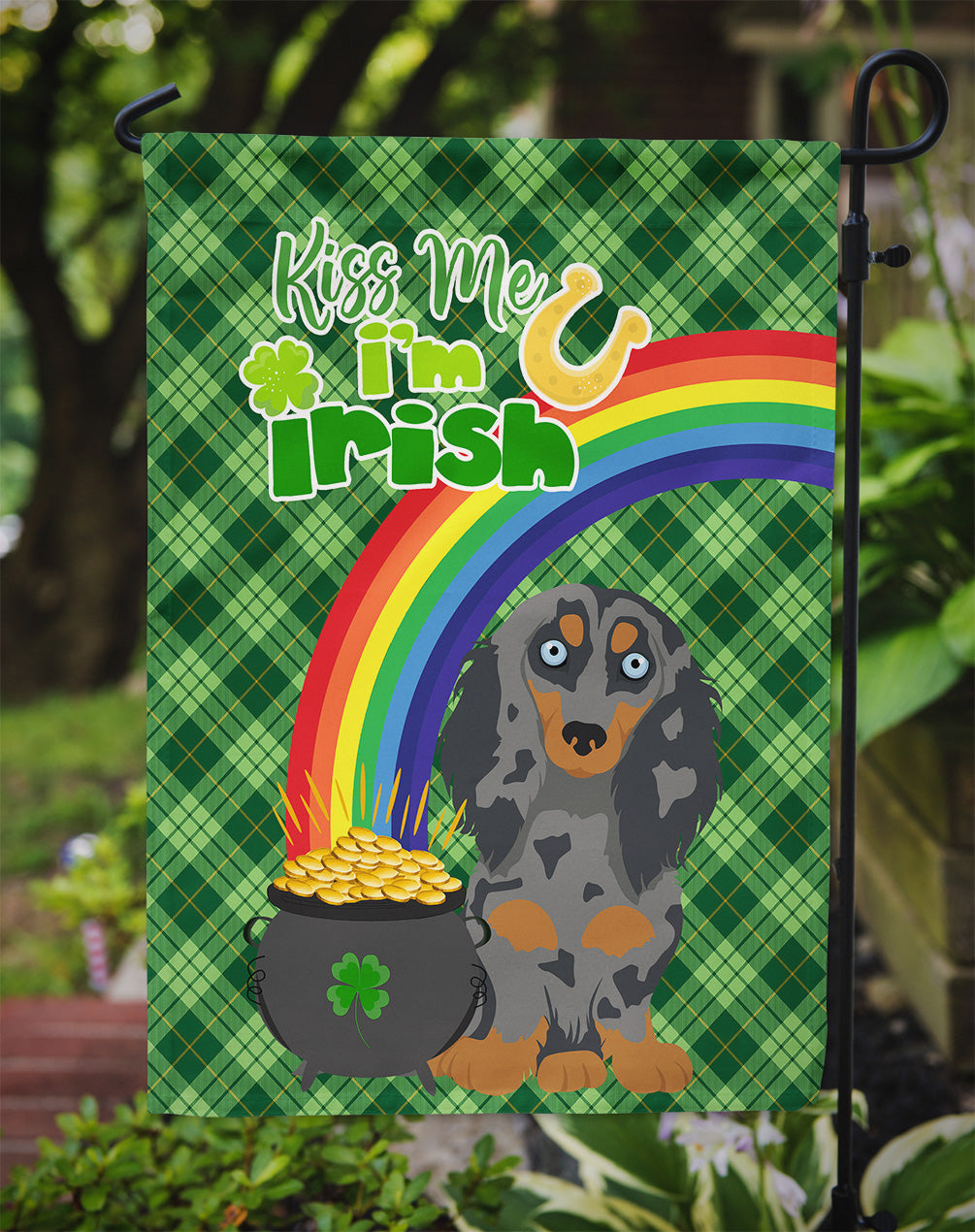 Longhair Blue and Tan Dapple Dachshund St. Patrick's Day Flag Garden Size  the-store.com.