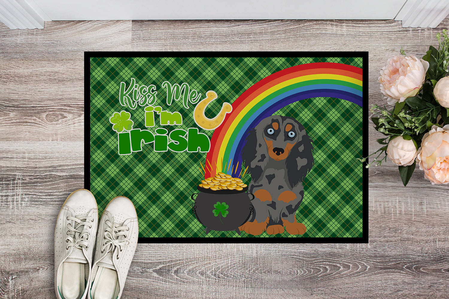 Buy this Longhair Blue and Tan Dapple Dachshund St. Patrick's Day Indoor or Outdoor Mat 24x36