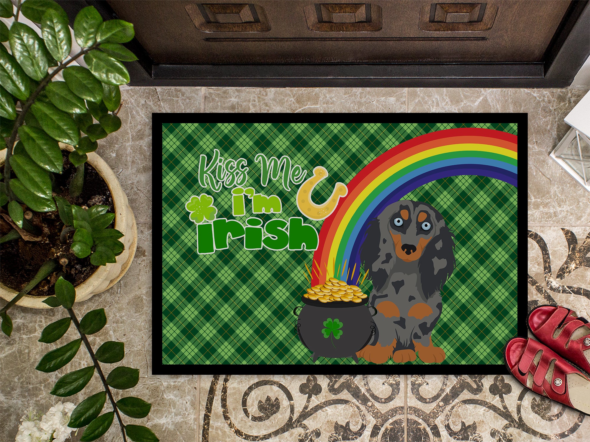 Longhair Blue and Tan Dapple Dachshund St. Patrick's Day Indoor or Outdoor Mat 24x36 - the-store.com