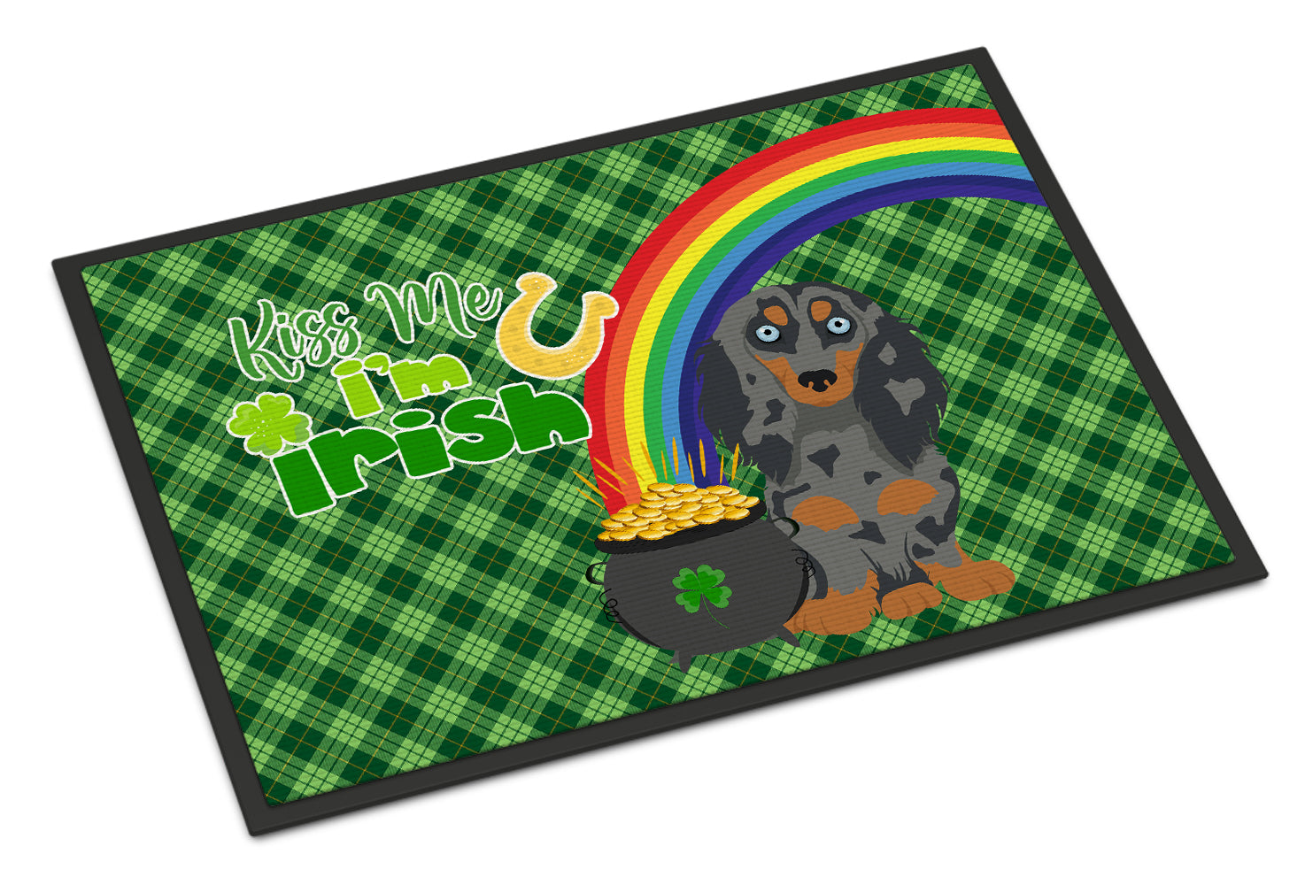 Buy this Longhair Blue and Tan Dapple Dachshund St. Patrick's Day Indoor or Outdoor Mat 24x36