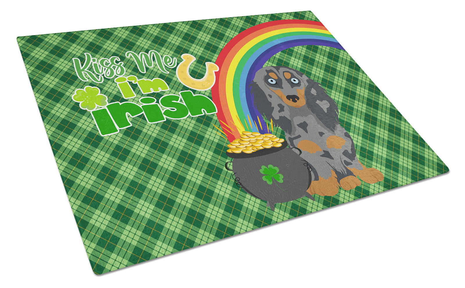 Buy this Longhair Blue and Tan Dapple Dachshund St. Patrick's Day Glass Cutting Board Large