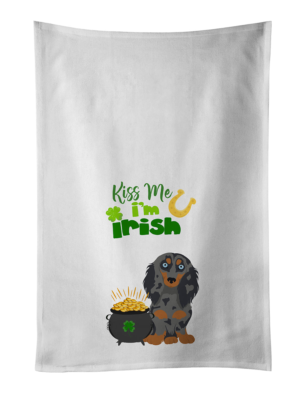 Buy this Longhair Blue and Tan Dapple Dachshund St. Patrick&#39;s Day White Kitchen Towel Set of 2 Dish Towels