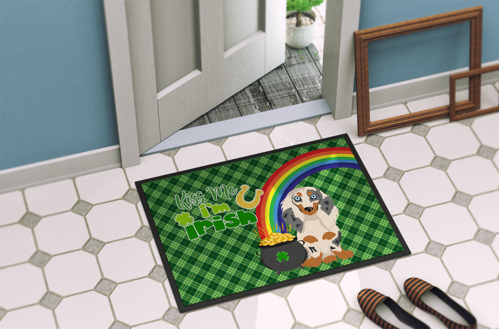 Longhair Cream Dapple Dachshund St. Patrick's Day Indoor or Outdoor Mat 24x36 - the-store.com