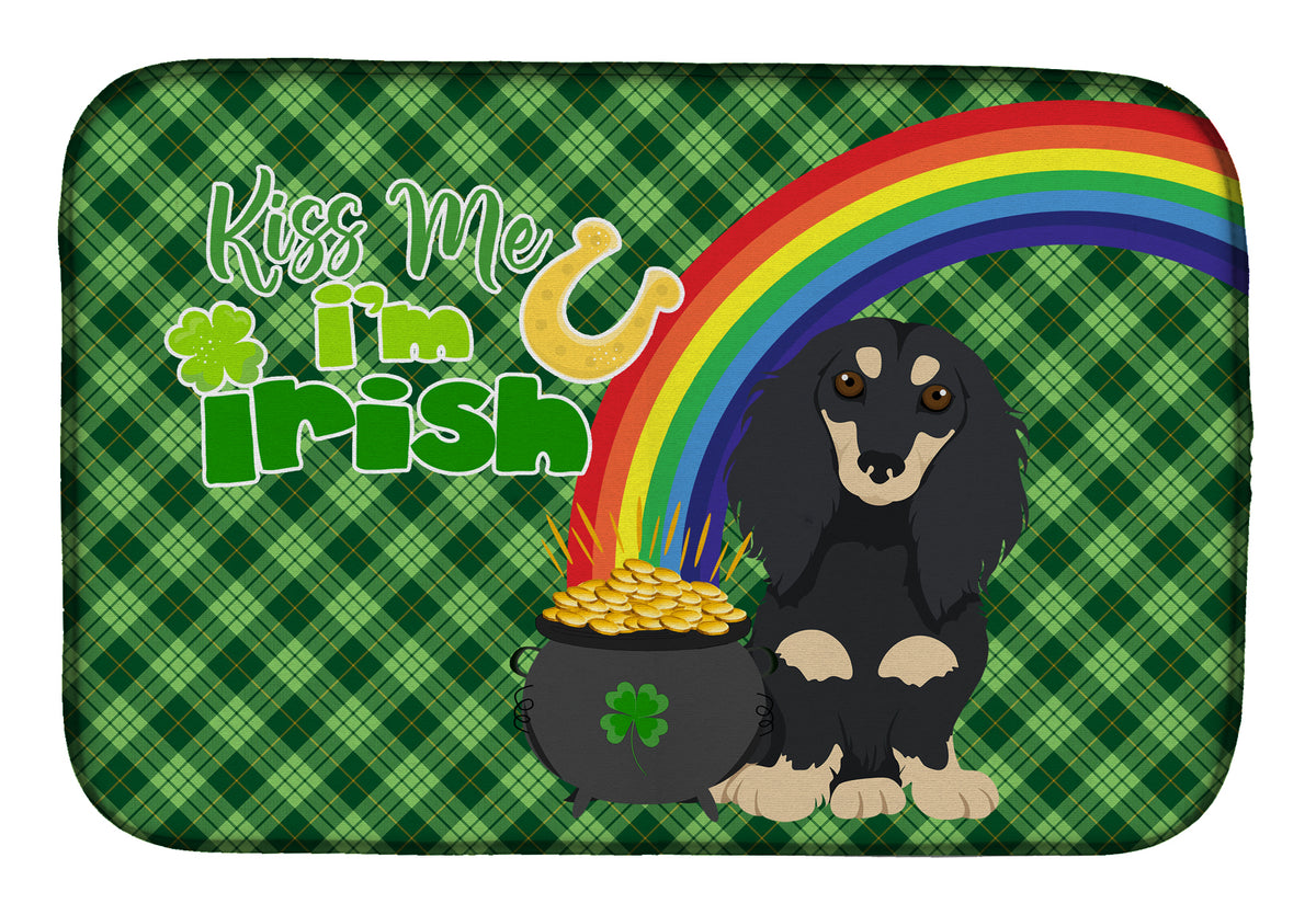 Longhair Black and Cream Dachshund St. Patrick&#39;s Day Dish Drying Mat  the-store.com.