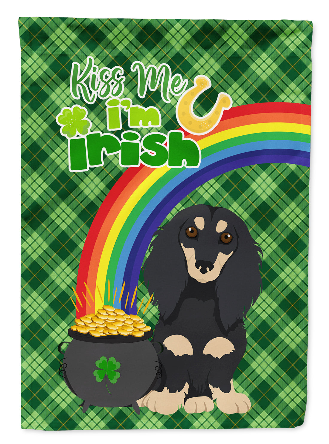 Longhair Black and Cream Dachshund St. Patrick&#39;s Day Flag Garden Size  the-store.com.