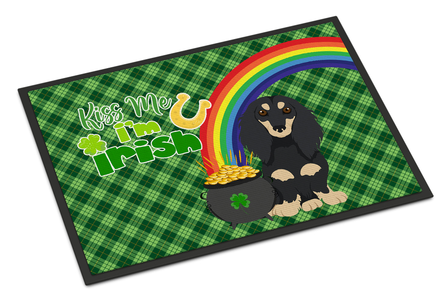 Buy this Longhair Black and Cream Dachshund St. Patrick's Day Indoor or Outdoor Mat 24x36