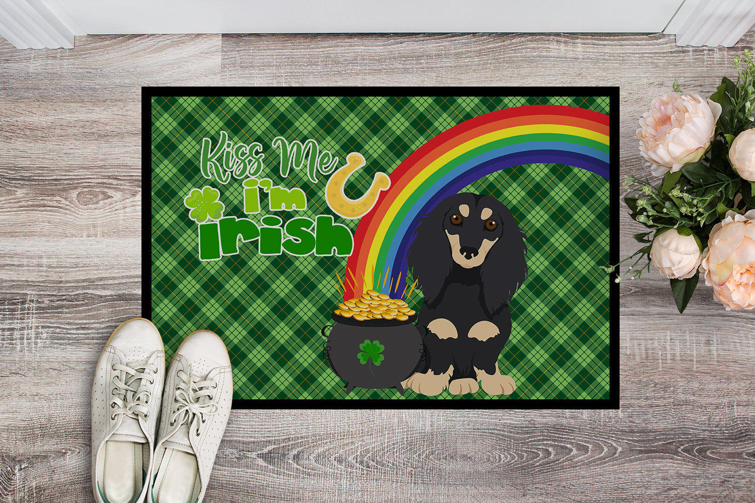 Longhair Black and Cream Dachshund St. Patrick's Day Indoor or Outdoor Mat 24x36 - the-store.com