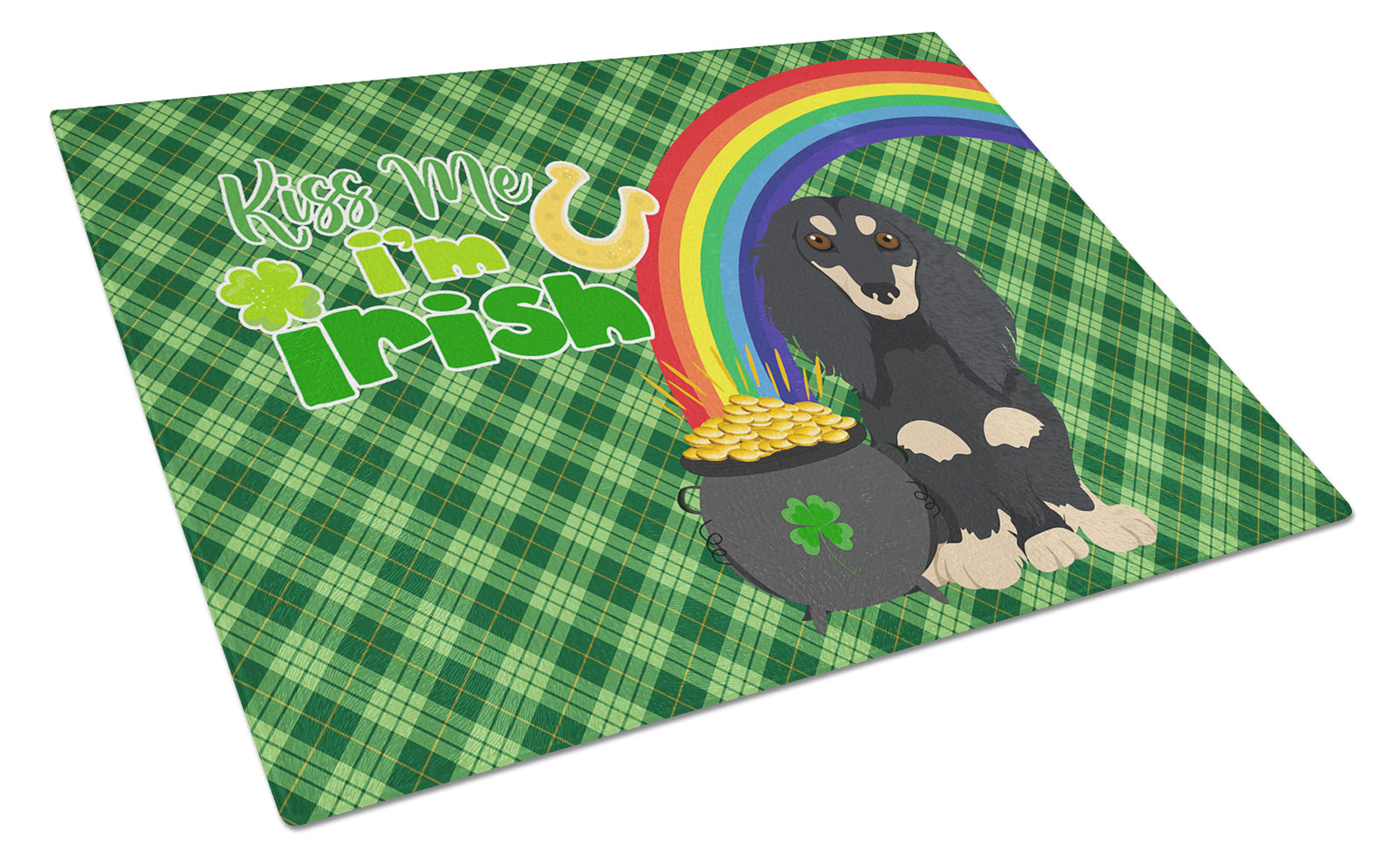Buy this Longhair Black and Cream Dachshund St. Patrick's Day Glass Cutting Board Large