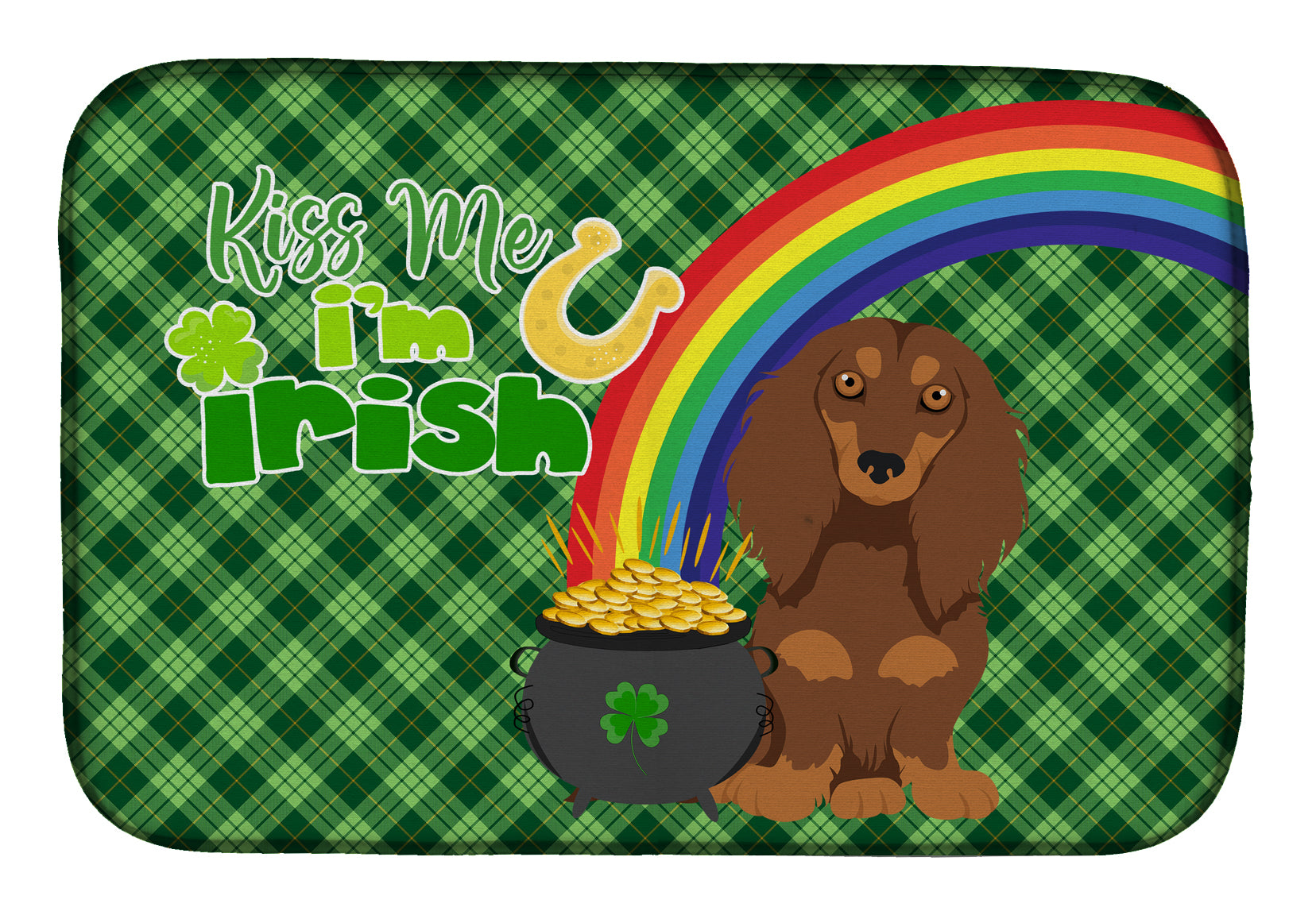 Longhair Chocolate and Tan Dachshund St. Patrick's Day Dish Drying Mat