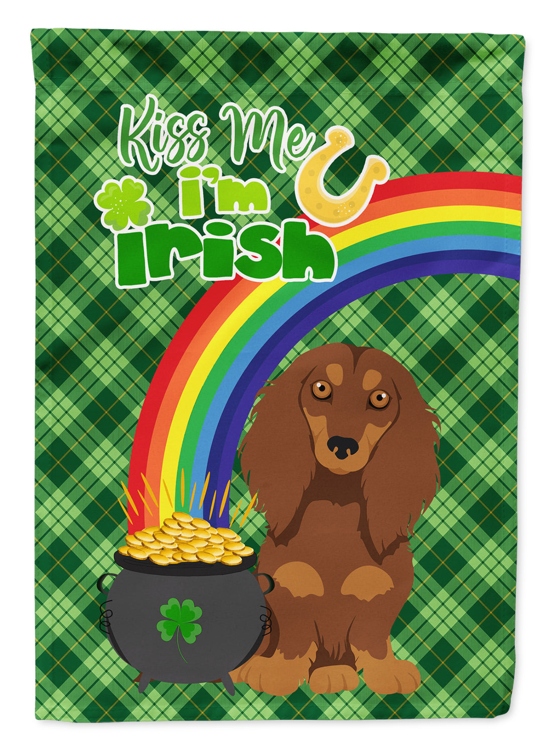 Longhair Chocolate and Tan Dachshund St. Patrick&#39;s Day Flag Garden Size  the-store.com.