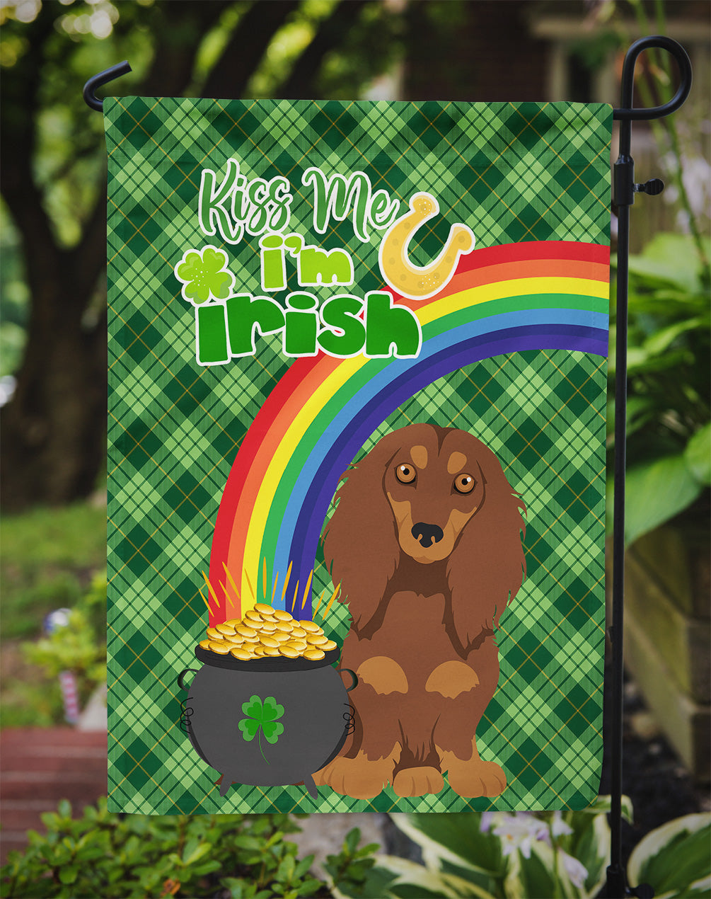 Longhair Chocolate and Tan Dachshund St. Patrick's Day Flag Garden Size  the-store.com.