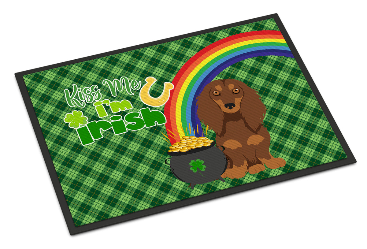 Buy this Longhair Chocolate and Tan Dachshund St. Patrick&#39;s Day Indoor or Outdoor Mat 24x36