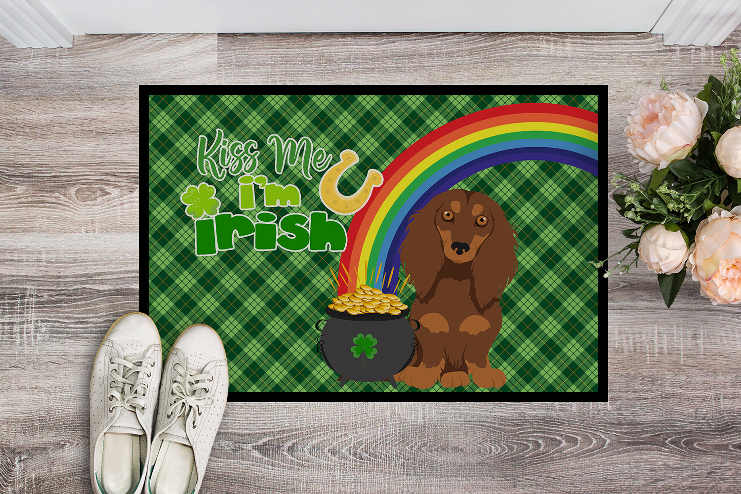Longhair Chocolate and Tan Dachshund St. Patrick's Day Indoor or Outdoor Mat 24x36 - the-store.com