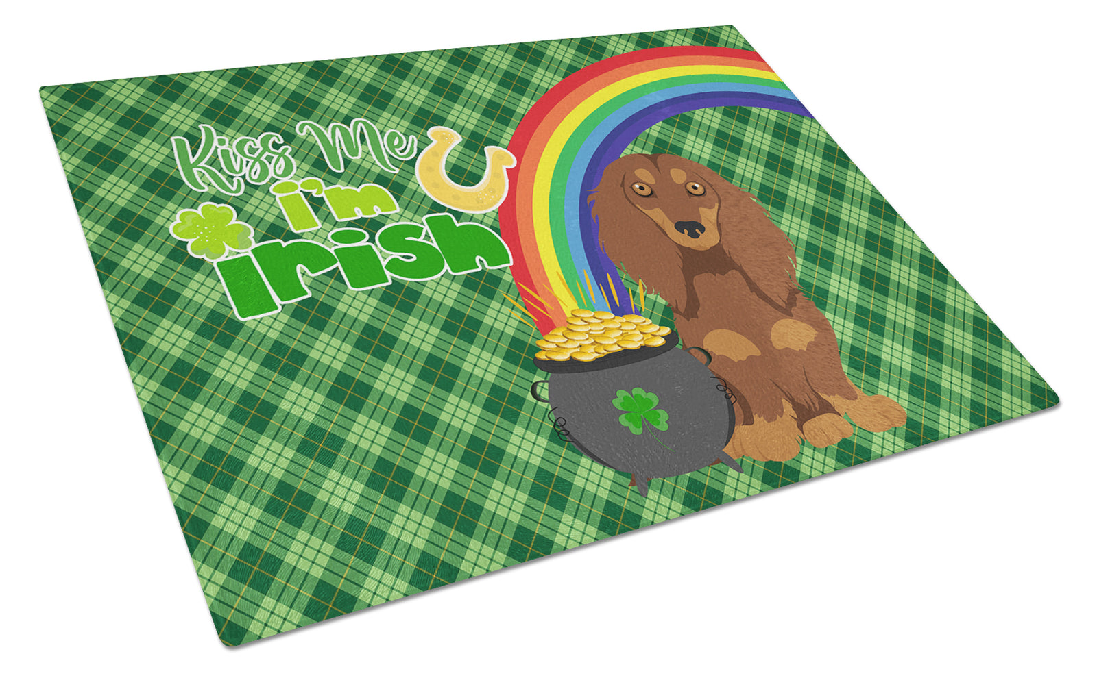 Buy this Longhair Chocolate and Tan Dachshund St. Patrick's Day Glass Cutting Board Large