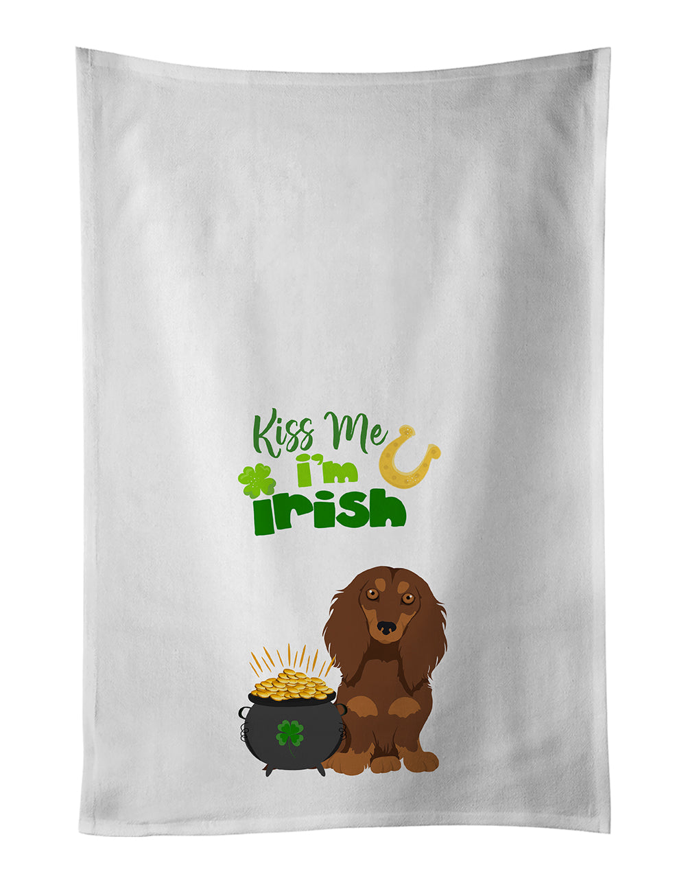 Buy this Longhair Chocolate and Tan Dachshund St. Patrick&#39;s Day White Kitchen Towel Set of 2 Dish Towels