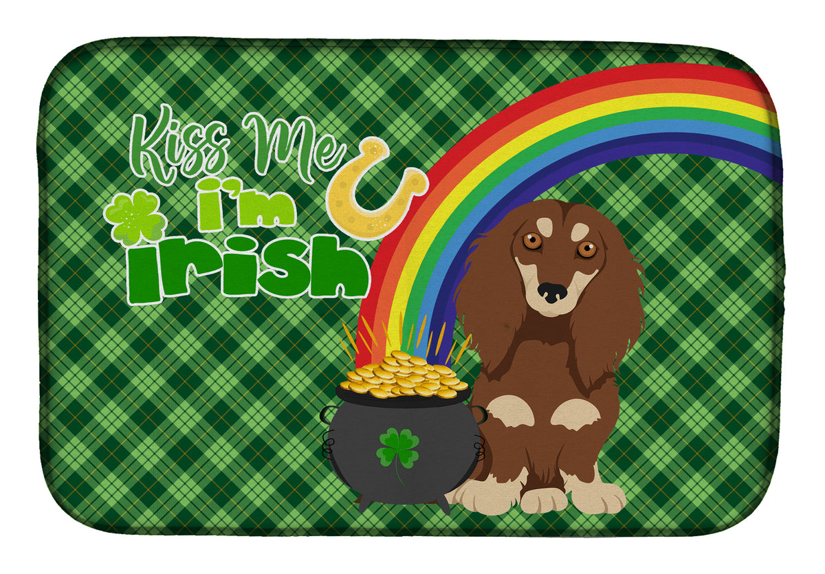 Longhair Chocolate and Cream Dachshund St. Patrick&#39;s Day Dish Drying Mat  the-store.com.