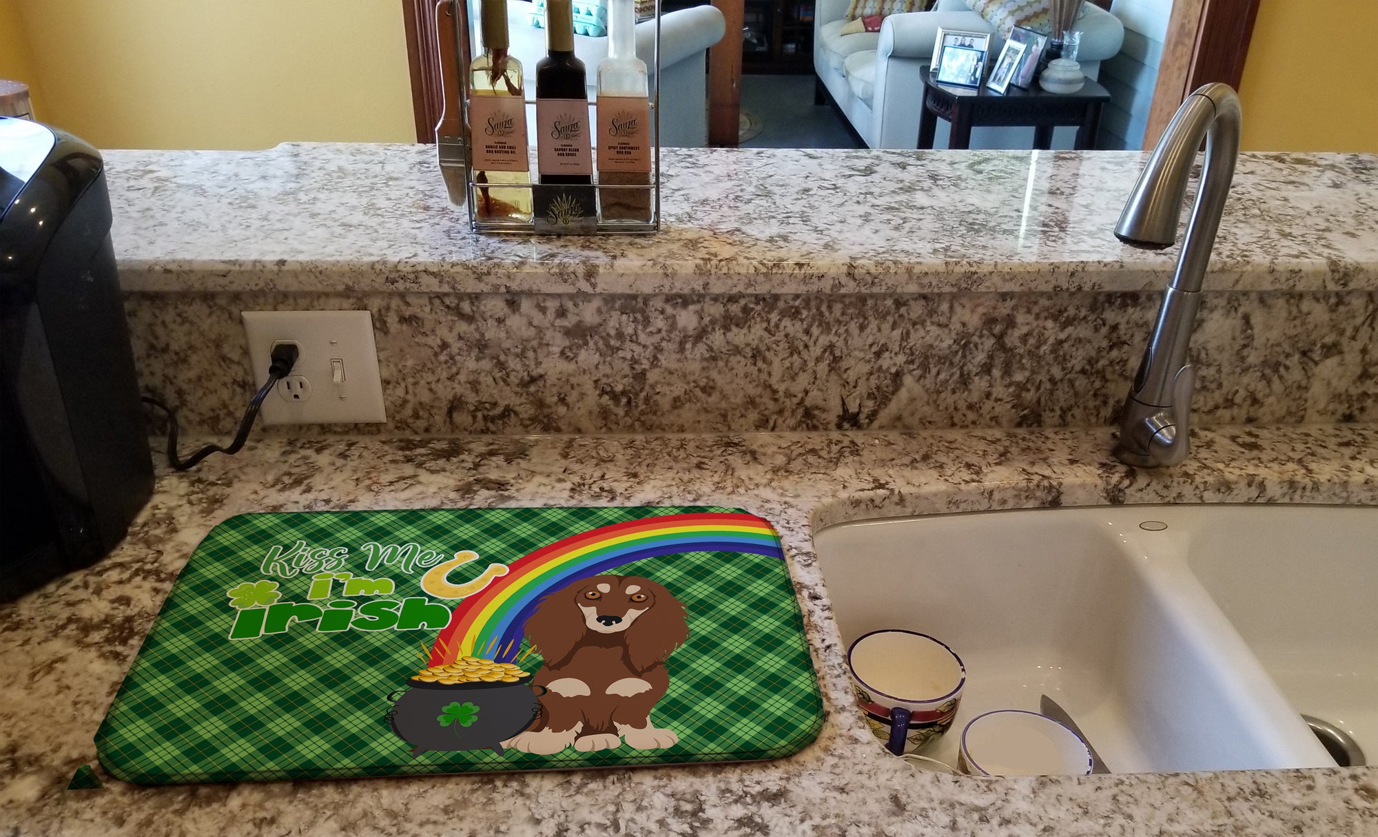 Longhair Chocolate and Cream Dachshund St. Patrick's Day Dish Drying Mat