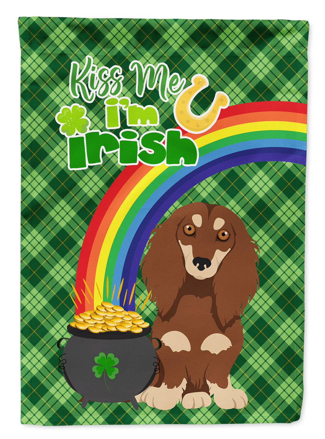 Longhair Chocolate and Cream Dachshund St. Patrick&#39;s Day Flag Garden Size  the-store.com.