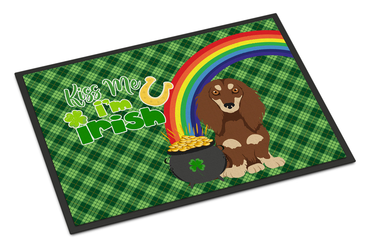 Buy this Longhair Chocolate and Cream Dachshund St. Patrick&#39;s Day Indoor or Outdoor Mat 24x36
