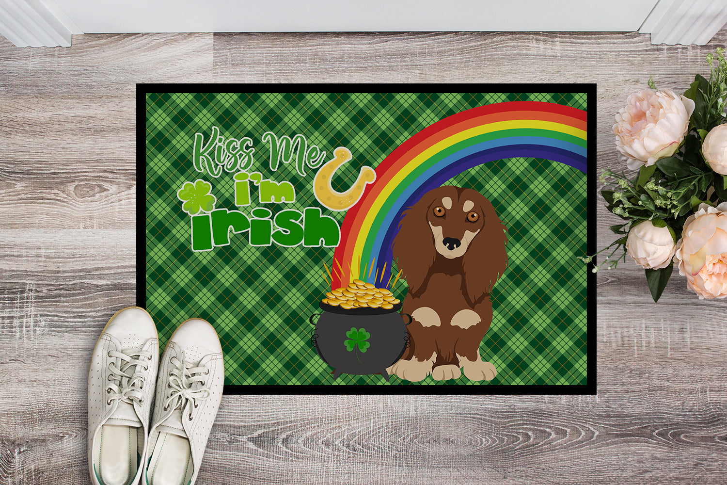 Longhair Chocolate and Cream Dachshund St. Patrick's Day Indoor or Outdoor Mat 24x36 - the-store.com