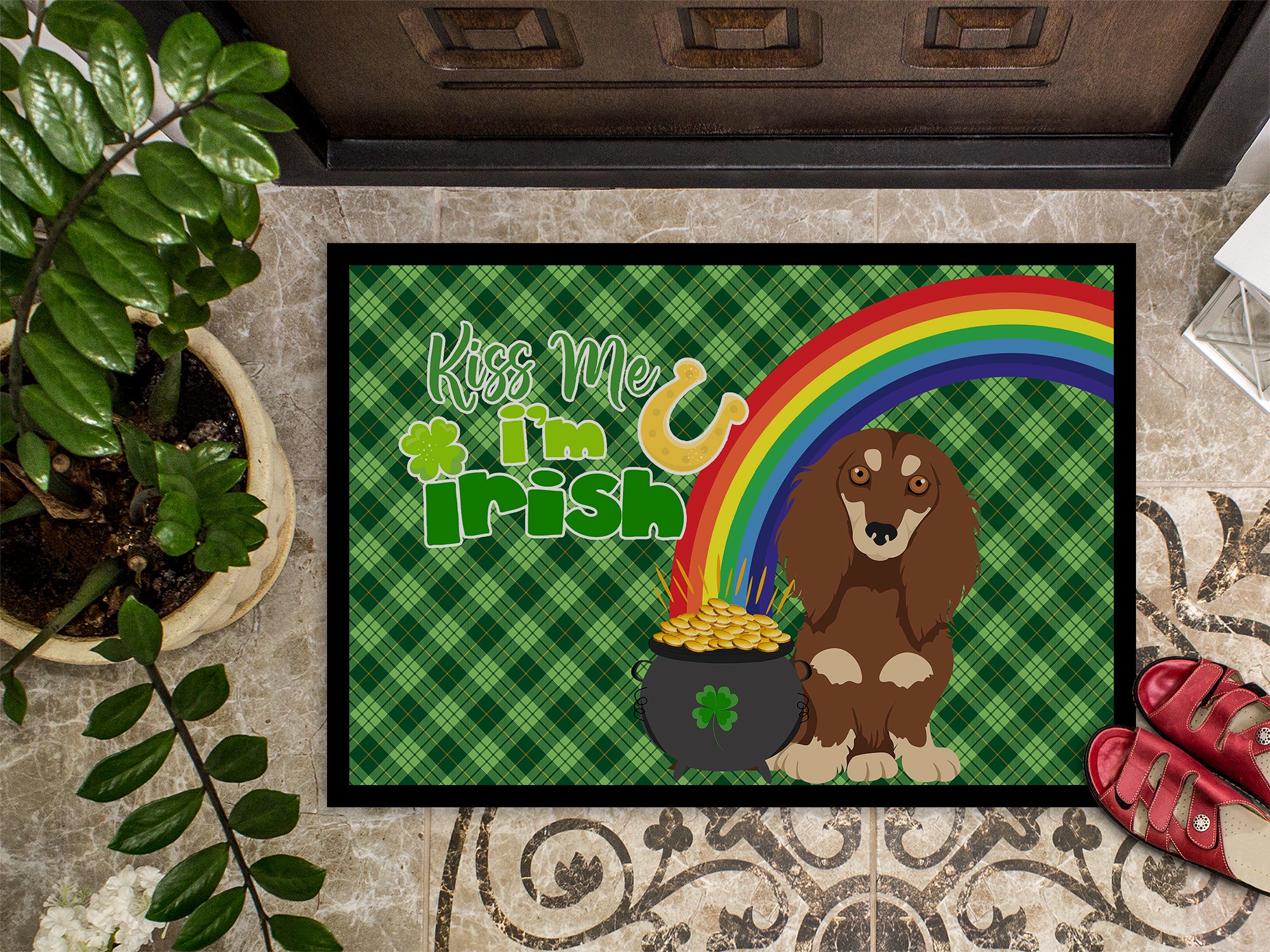 Longhair Chocolate and Cream Dachshund St. Patrick's Day Indoor or Outdoor Mat 24x36 - the-store.com