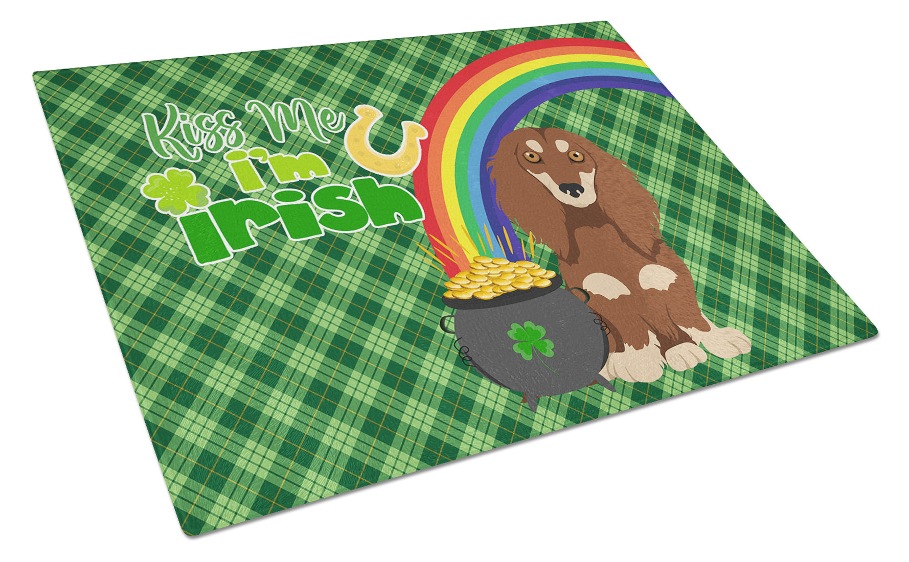 Buy this Longhair Chocolate and Cream Dachshund St. Patrick's Day Glass Cutting Board Large