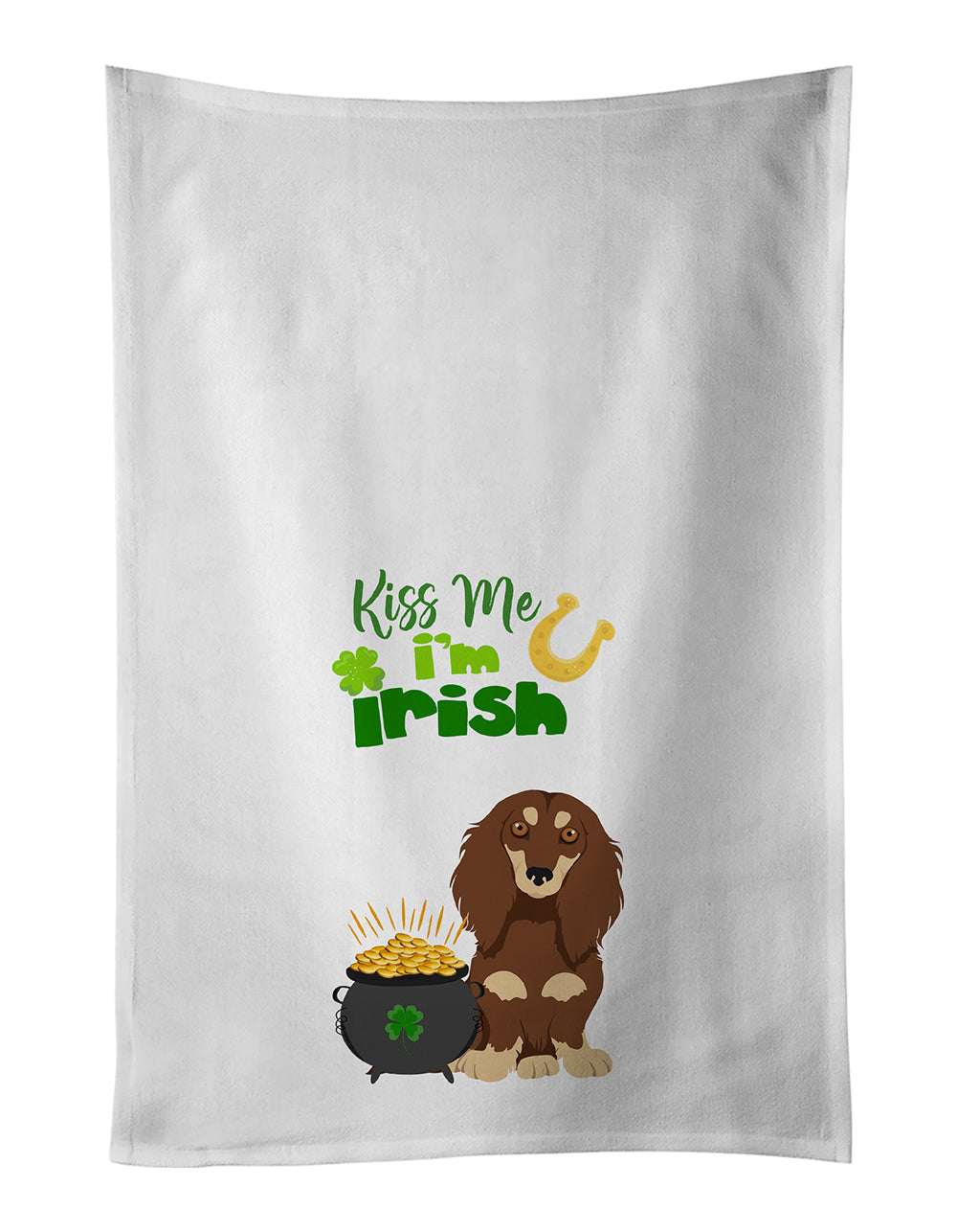 Buy this Longhair Chocolate and Cream Dachshund St. Patrick's Day White Kitchen Towel Set of 2 Dish Towels
