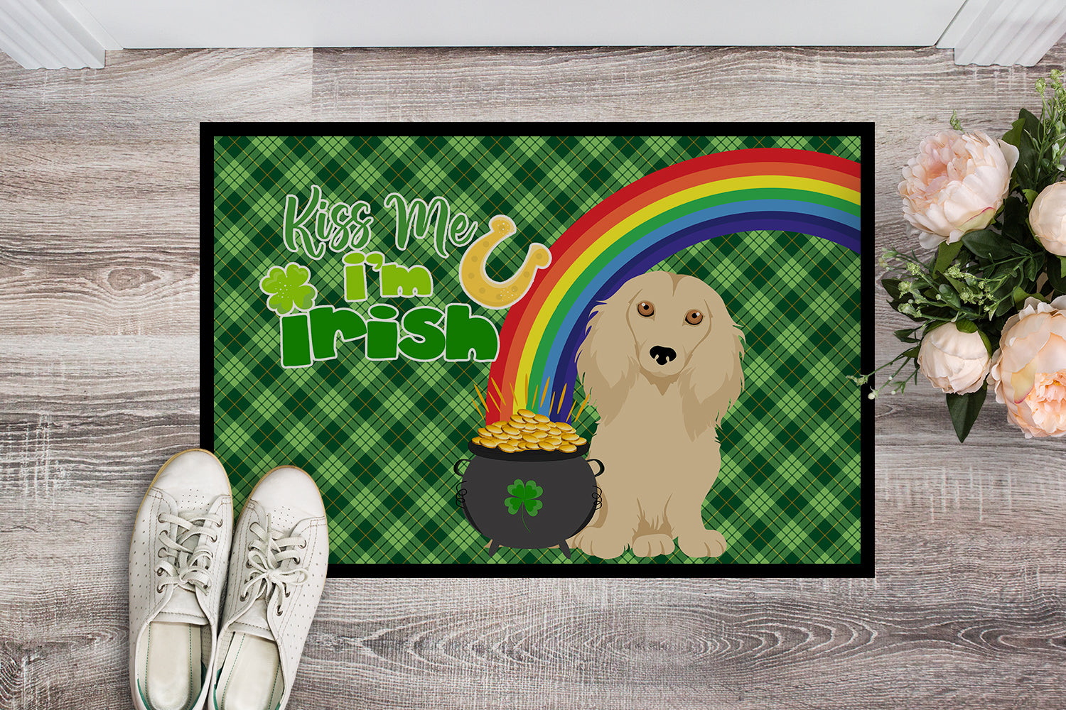 Longhair Cream Dachshund St. Patrick's Day Indoor or Outdoor Mat 24x36 - the-store.com