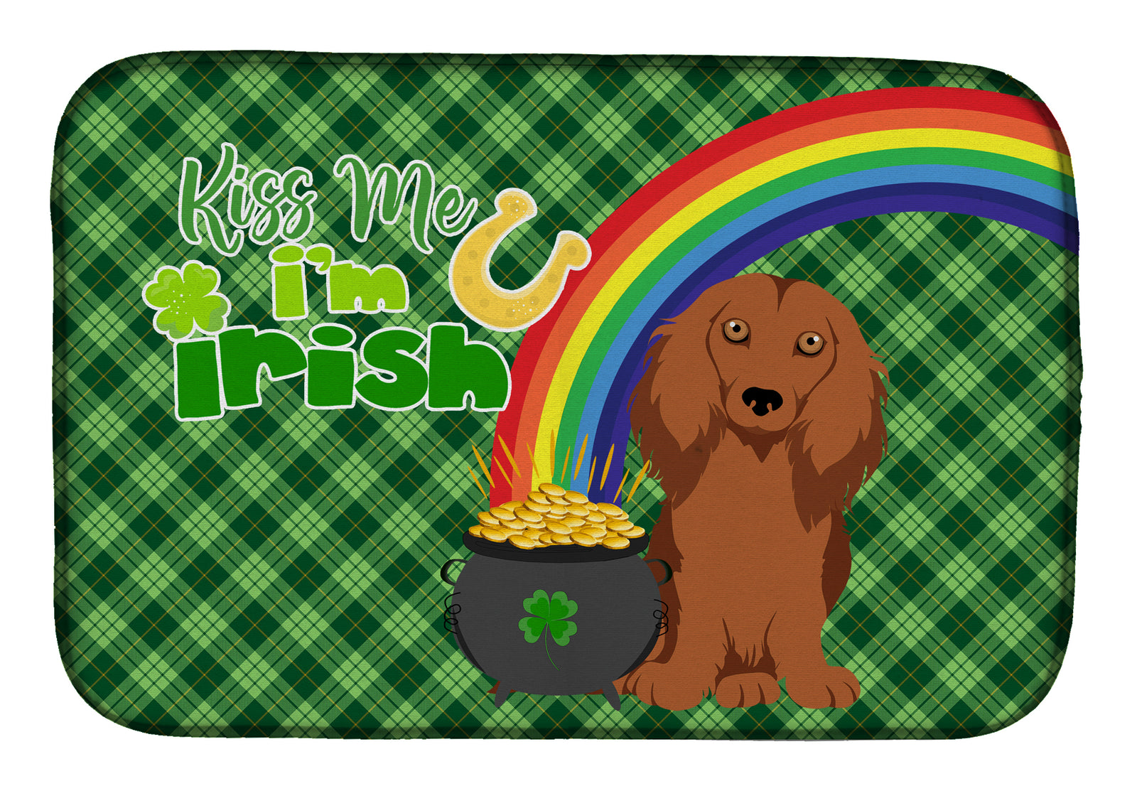 Longhair Red Dachshund St. Patrick's Day Dish Drying Mat  the-store.com.