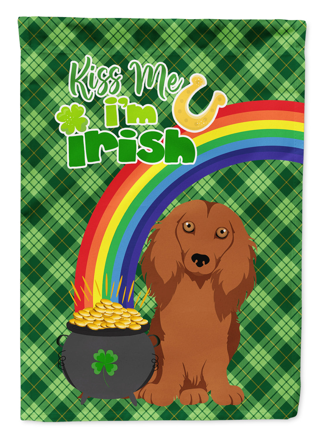 Longhair Red Dachshund St. Patrick&#39;s Day Flag Garden Size  the-store.com.