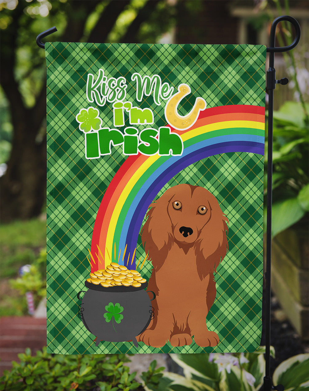Longhair Red Dachshund St. Patrick's Day Flag Garden Size  the-store.com.