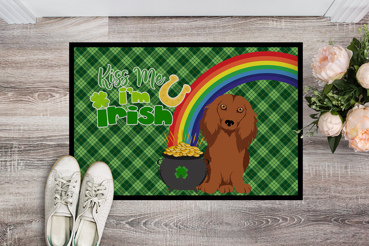 Longhair Red Dachshund St. Patrick's Day Indoor or Outdoor Mat 24x36 - the-store.com