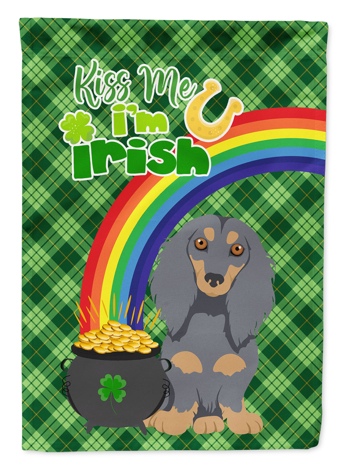 Longhair Blue and Tan Dachshund St. Patrick&#39;s Day Flag Garden Size  the-store.com.