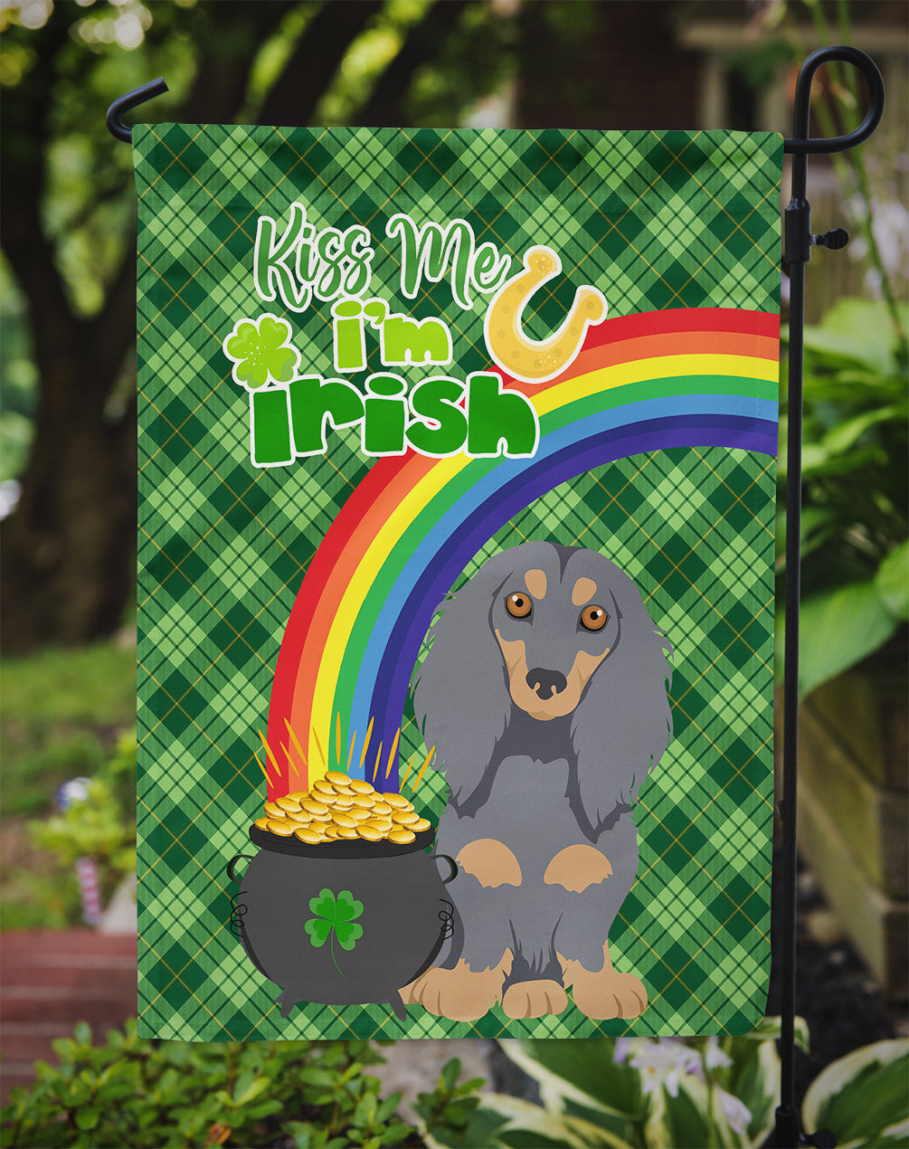 Longhair Blue and Tan Dachshund St. Patrick's Day Flag Garden Size  the-store.com.