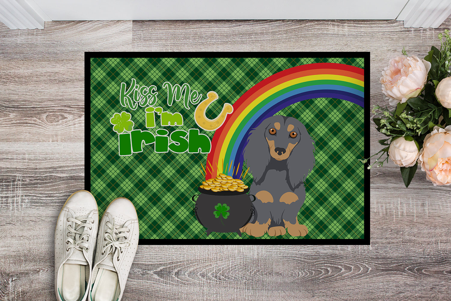 Longhair Blue and Tan Dachshund St. Patrick's Day Indoor or Outdoor Mat 24x36 - the-store.com