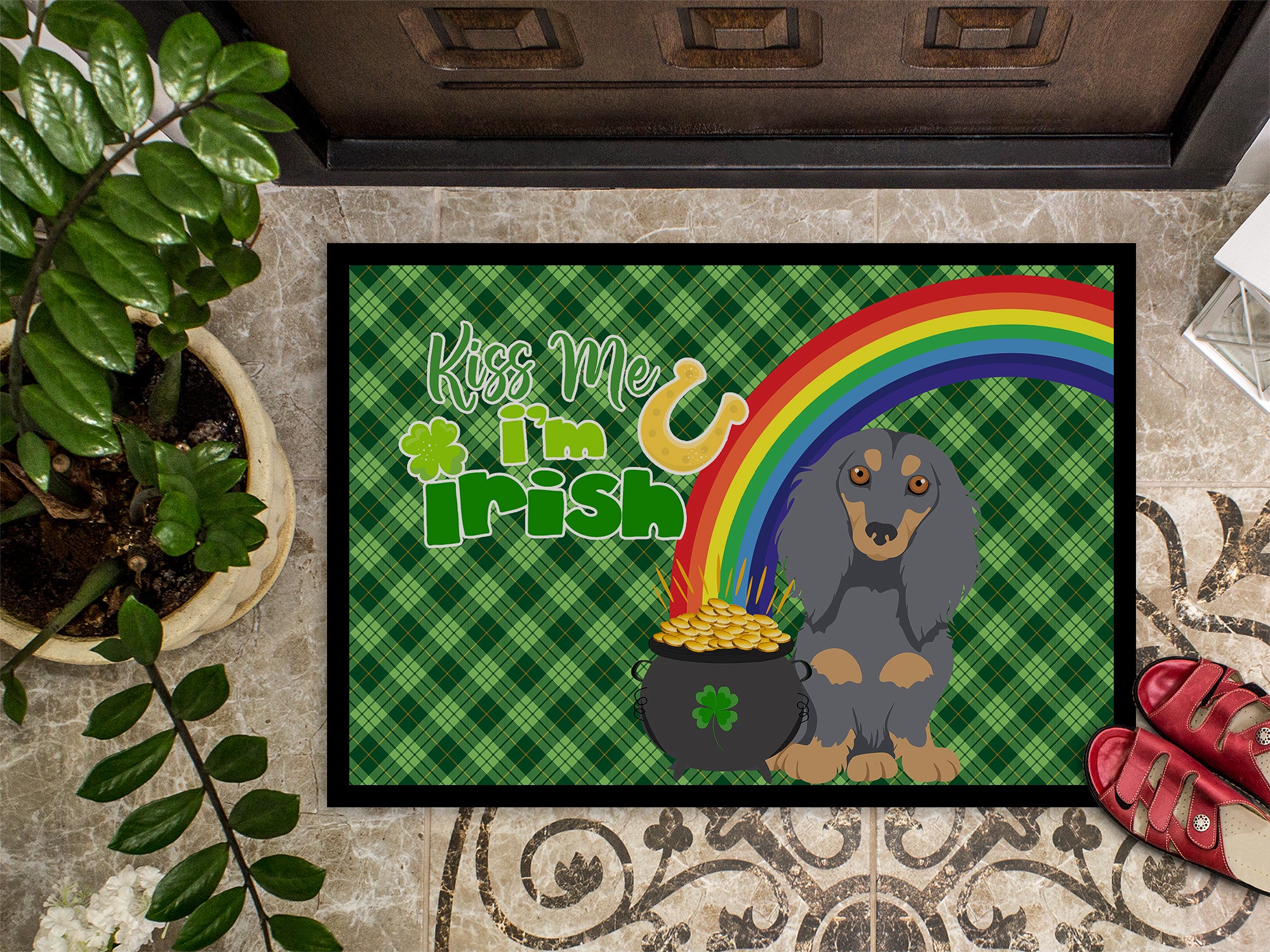 Longhair Blue and Tan Dachshund St. Patrick's Day Indoor or Outdoor Mat 24x36 - the-store.com