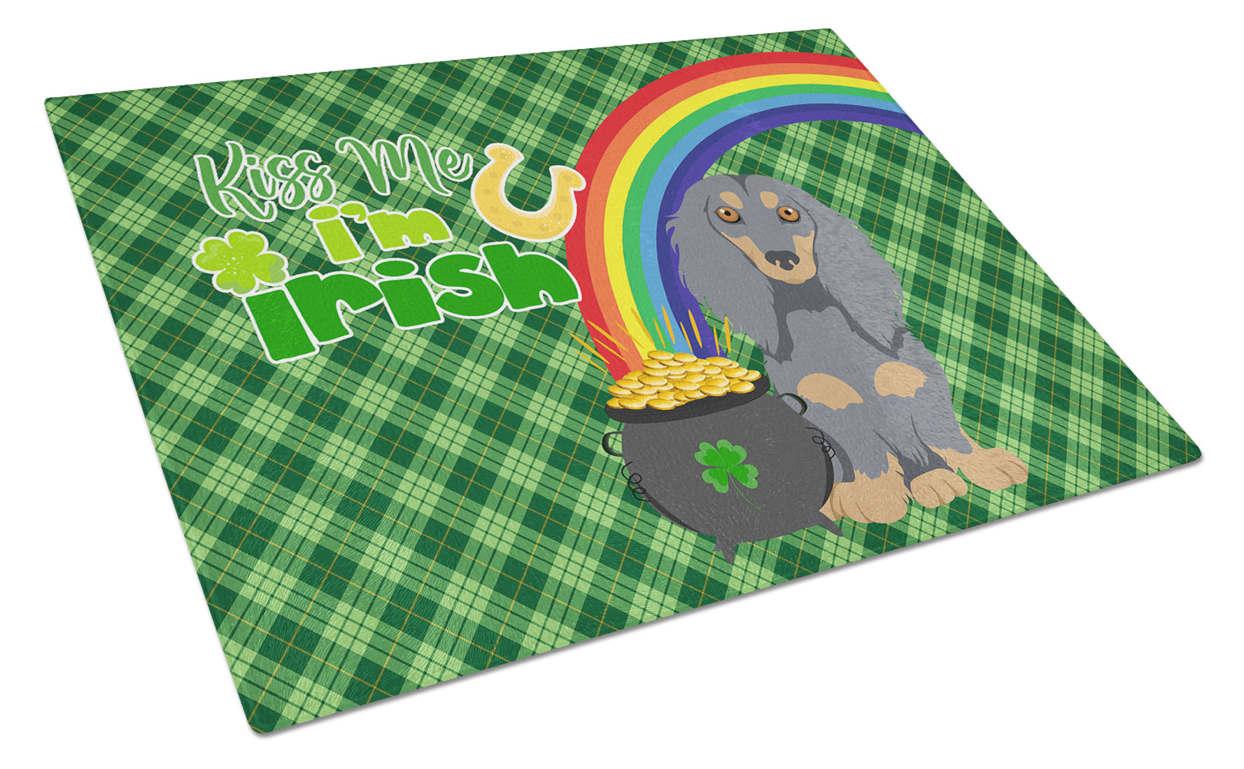 Buy this Longhair Blue and Tan Dachshund St. Patrick's Day Glass Cutting Board Large