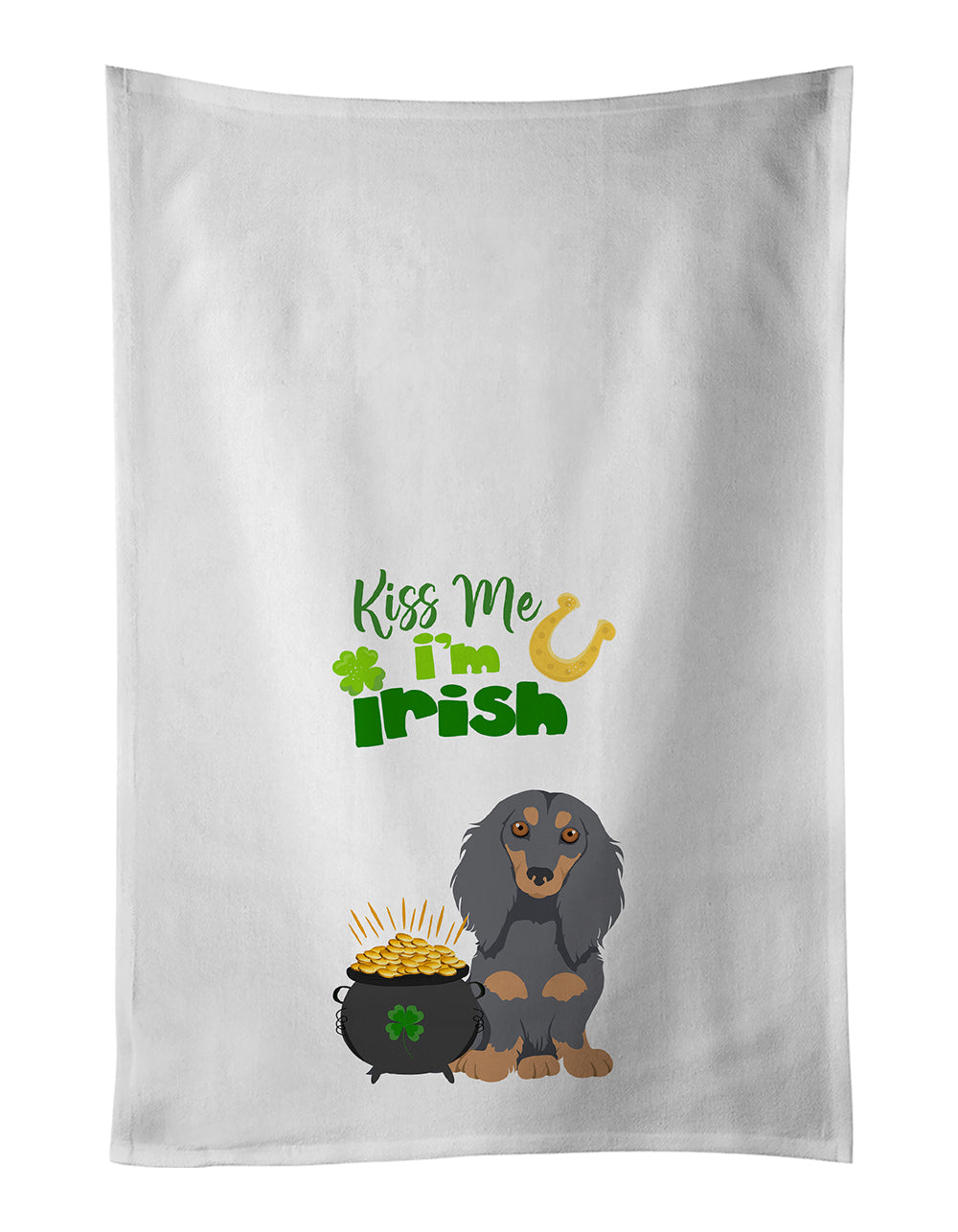 Buy this Longhair Blue and Tan Dachshund St. Patrick&#39;s Day White Kitchen Towel Set of 2 Dish Towels
