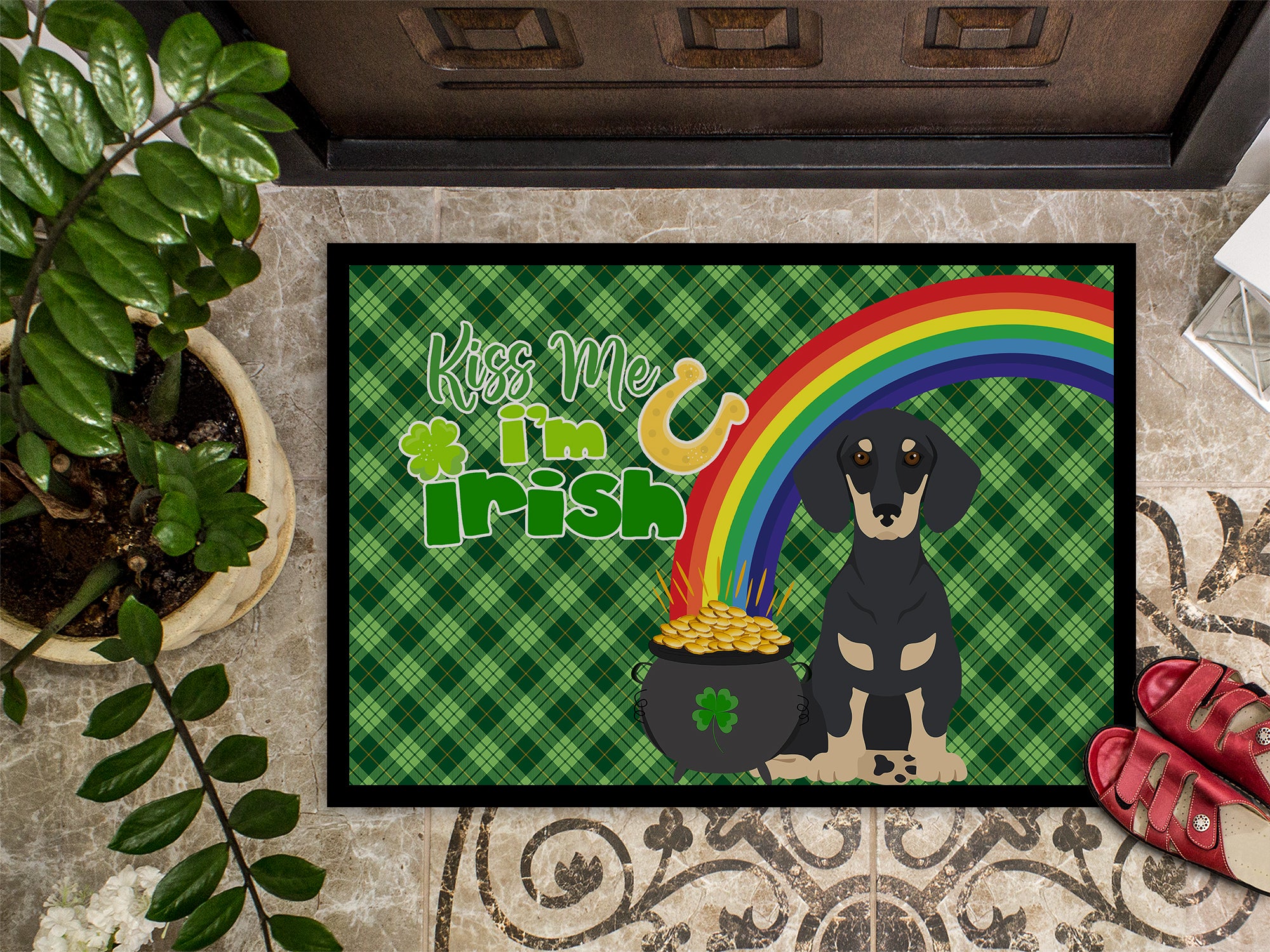 Black and Cream Dachshund St. Patrick's Day Indoor or Outdoor Mat 24x36 - the-store.com