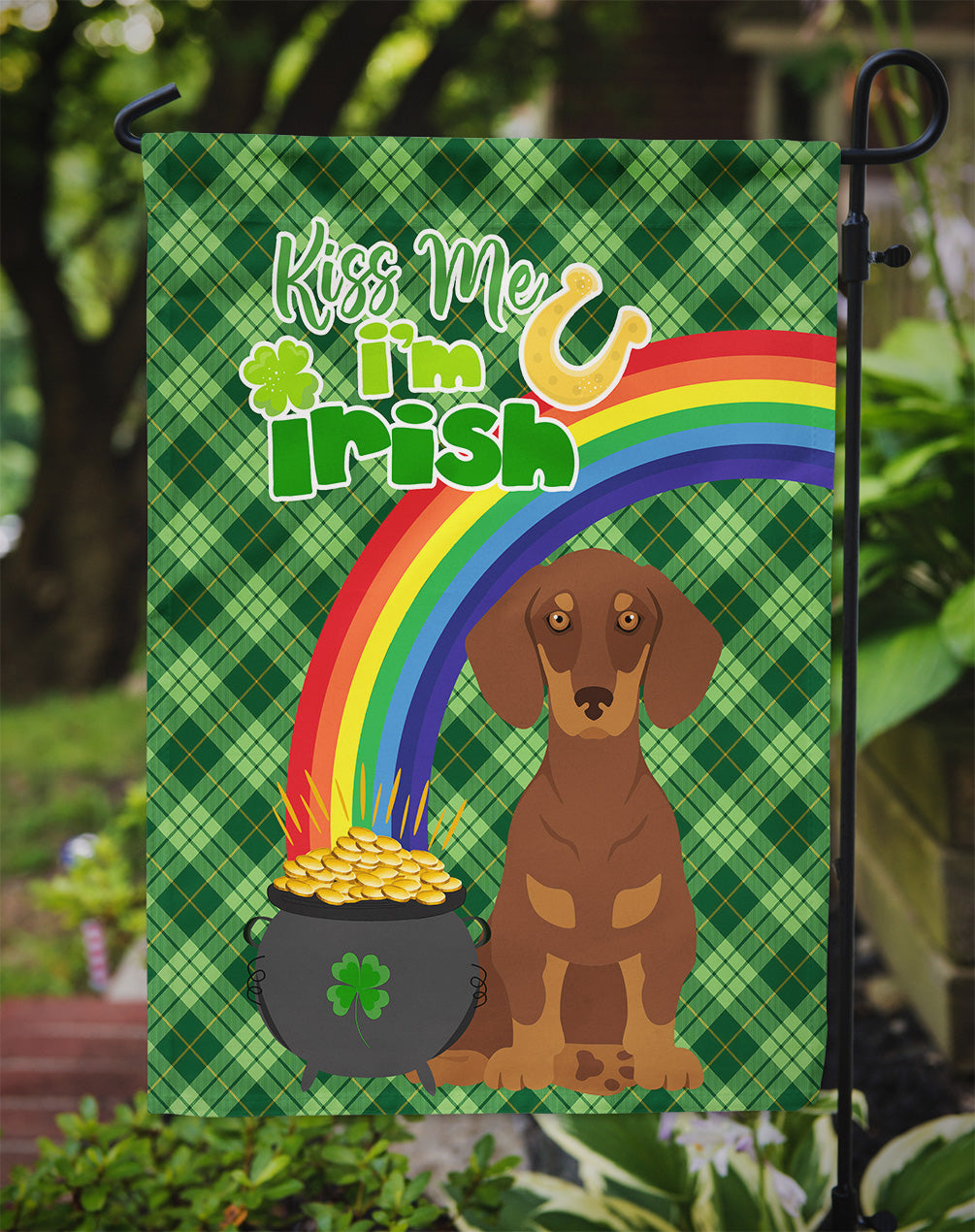 Chocolate and Tan Dachshund St. Patrick's Day Flag Garden Size  the-store.com.