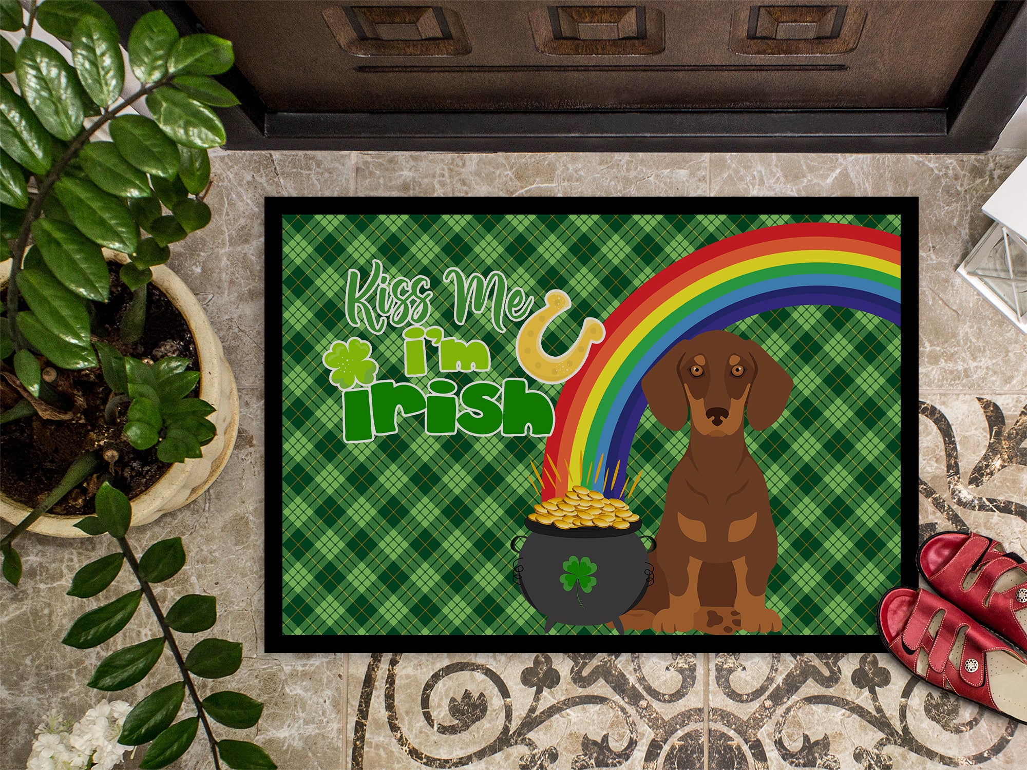 Chocolate and Tan Dachshund St. Patrick's Day Indoor or Outdoor Mat 24x36 - the-store.com