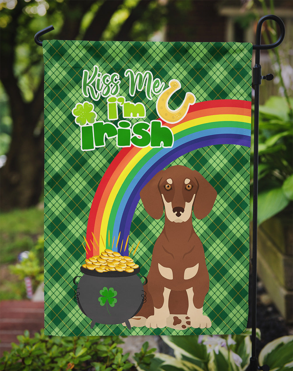 Chocolate and Cream Dachshund St. Patrick's Day Flag Garden Size  the-store.com.